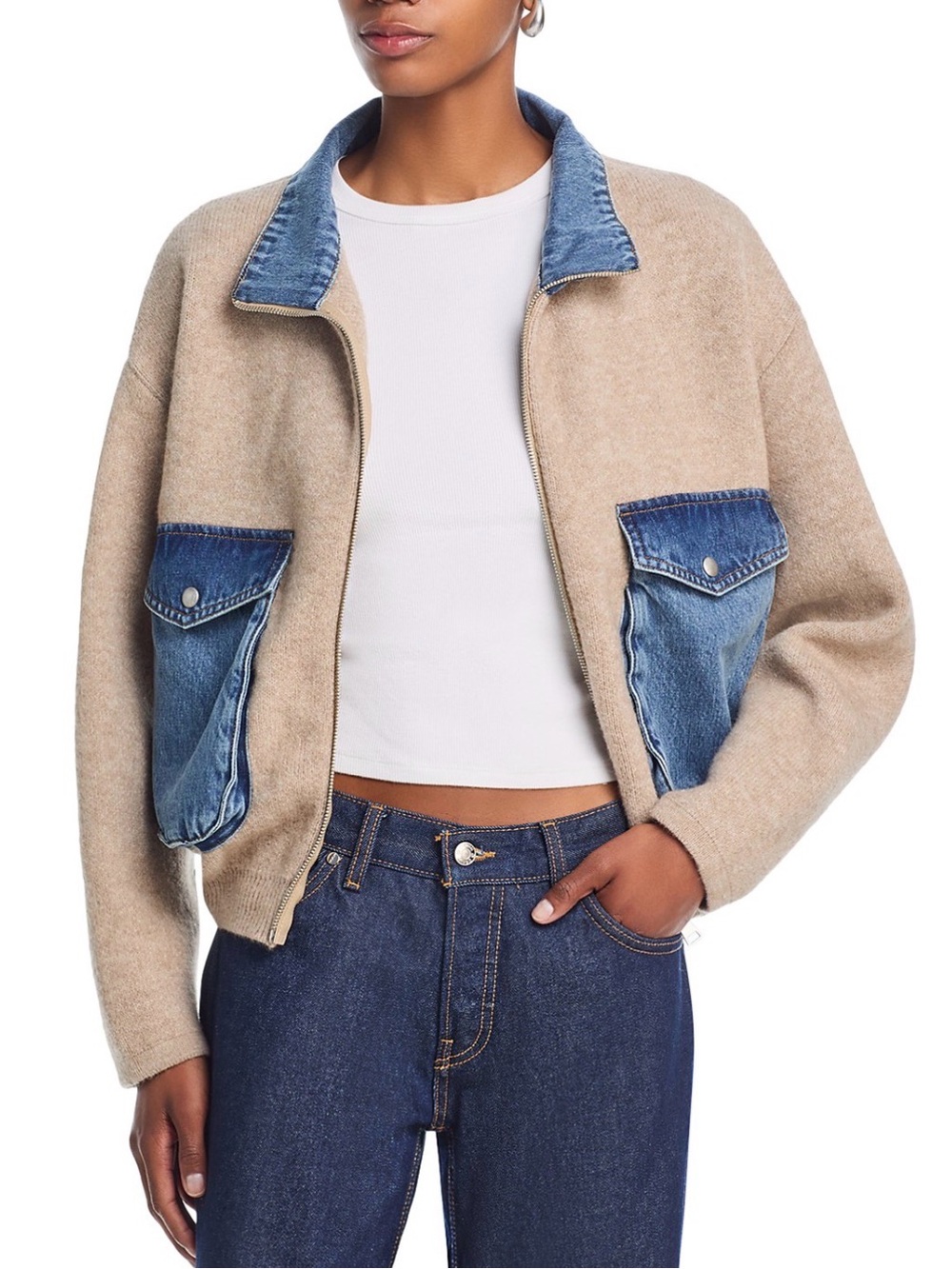 BlankNYC Mixed Media Knit Sweater Denim Bomber Jackrt